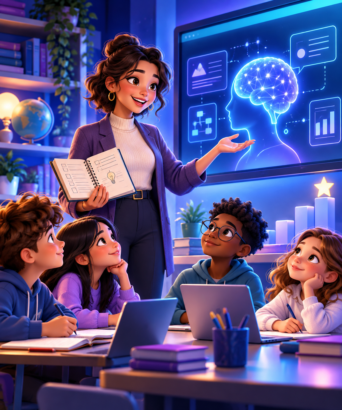 Teacher guiding a class with an AI learning workspace
